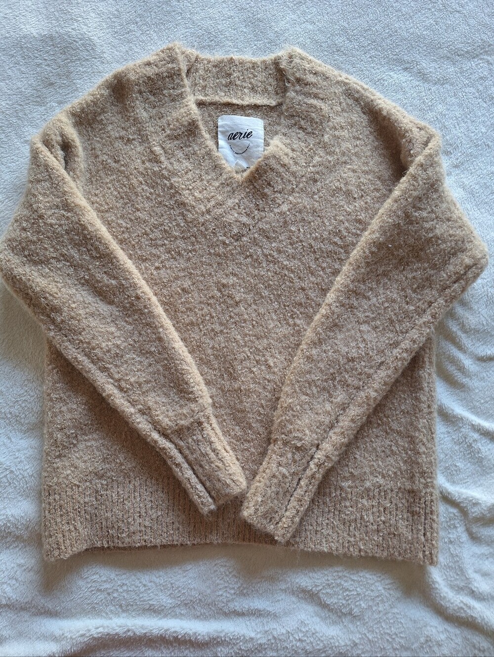 Aerie Fuzzy Boucle V-Neck Sweater Size XXS Tan Beige Oversized Fit